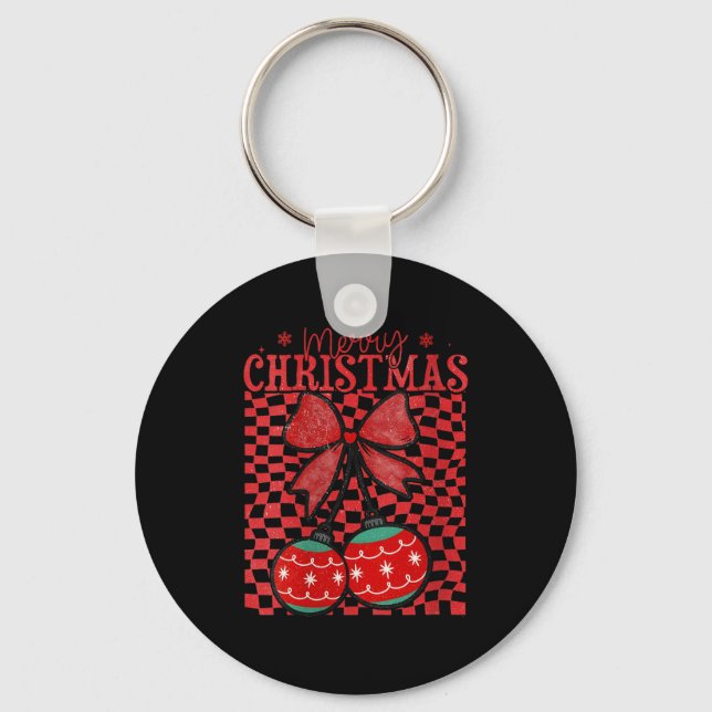 Womens Coquette Bow Christmas Cherries Merry Chris Keychain (Front)