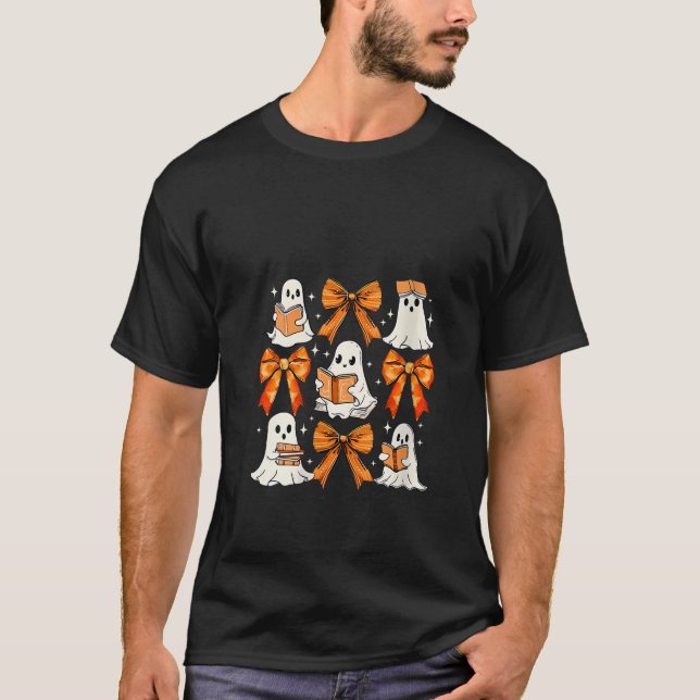 Womens Coquette Bow Ghost Reading Books Funny Hall T-Shirt (Front)