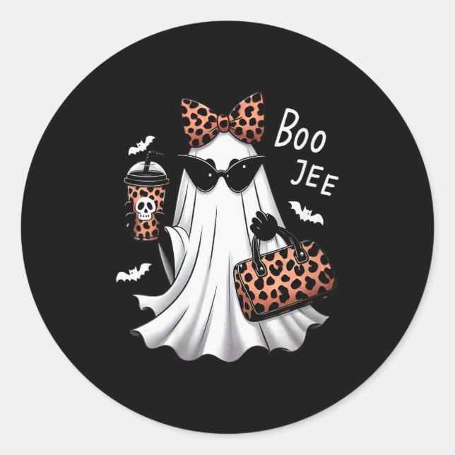 Womens Coquette Leopard Ghost Coffee Boo-jee Hallo Classic Round Sticker (Front)