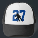 Women's Custom Hockey Player Number Black and Blue Trucker Hat<br><div class="desc">get your hockey number on a trucker hat,  this design has a female hockey player</div>