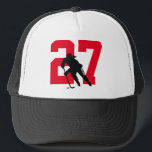 Women's Custom Hockey Player Number Black and Red Trucker Hat<br><div class="desc">get your hockey number on a trucker hat,  this design has a female hockey player</div>