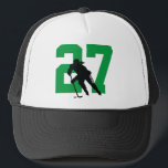 Women's Custom Hockey Player Number Black Green Trucker Hat<br><div class="desc">get your hockey number on a trucker hat,  this design has a female hockey player</div>