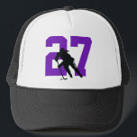 Women's Custom Hockey Player Number Purple Black Trucker Hat<br><div class="desc">get your hockey number on a trucker hat,  this design has a female hockey player</div>