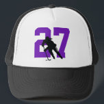 Women's Custom Hockey Player Number Purple Black Trucker Hat<br><div class="desc">get your hockey number on a trucker hat,  this design has a female hockey player</div>
