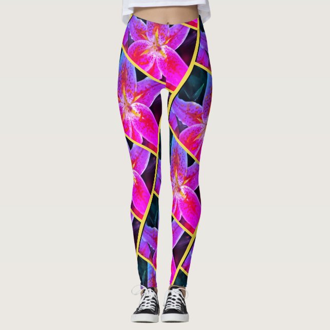 Women's Custom Leggings, Stargazer Lily Pattern Leggings (Front)