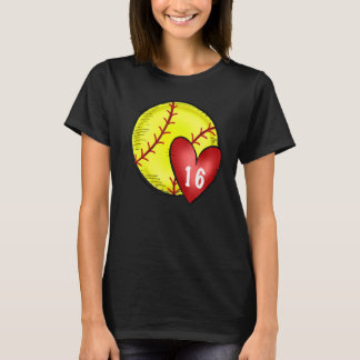 Womens Custom Softball Mom Number 16 Heart for Mom T-Shirt