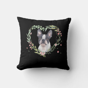 Womens Cute Boston Terrier Mom Flower Dog Lover Throw Pillow