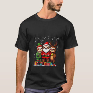 Womens Cute Christmas Sloths in Santa Elf and Rein T-Shirt