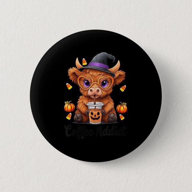 Womens Cute Cow Drinking Coffee Halloween Art V-ne 2 Inch Round Button (Front)