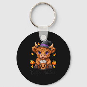 Womens Cute Cow Drinking Coffee Halloween Art V-ne Keychain