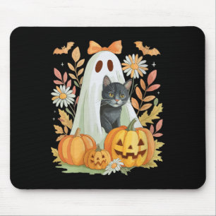 Womens Cute Ghost With Black Cat Bats And Pumpkins Mouse Pad