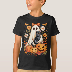 Womens Cute Ghost With Black Cat Bats And Pumpkins T-Shirt