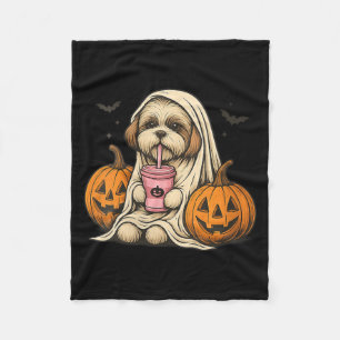 Womens Cute Halloween Dog Ghost With Pumpkins Fleece Blanket