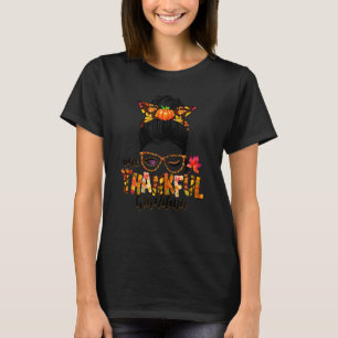 Womens Cute One Thankful Grandma Messy Bun Fall Au T-Shirt