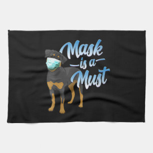 Womens Cute Rottweiler Dog with Mask - Wear a Face Kitchen Towel