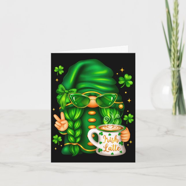 Women's cute st patricks day gnome drinking coffee card (Front)