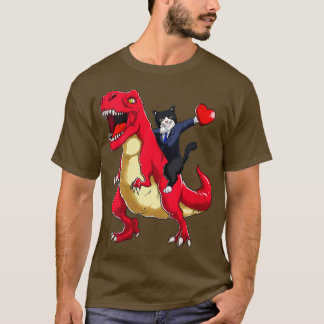 Womens Dabbing Tuxedo Cat Riding Dinosaur Valentin T-Shirt