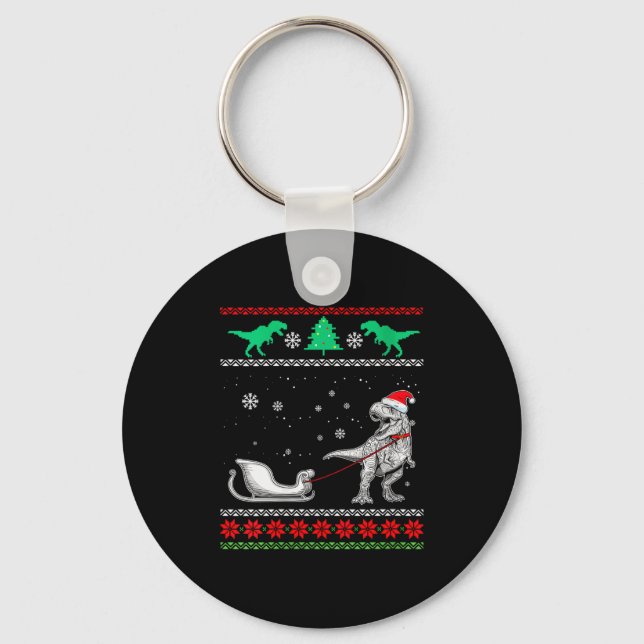 Womens Dinosaur Sleigh Merry Christmas Ugly Christ Keychain (Front)
