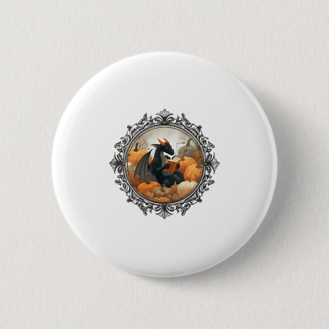 Womens Dragon Reading Books With Fall Pumpkin Fant 2 Inch Round Button (Front)