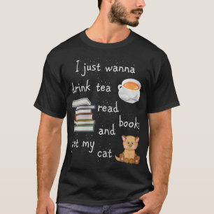 Womens Drink Tea Read Books Pet Cat T-Shirt