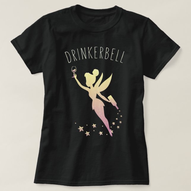 Womens Drinkerbell Fairy Stars Cute Wine Drinking  T-Shirt (Design Front)