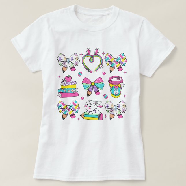 Womens Easter Teacher Coquette Bow T-Shirt (Design Front)