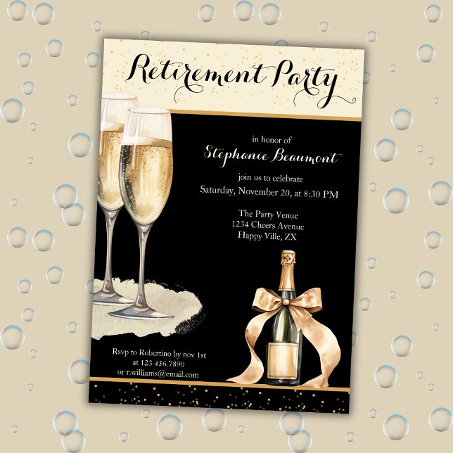 Women's Elegant Black Champagne Retirement Party Invitation (Creator Uploaded)