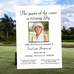 Women's Elegant Photo Tennis 50th Birthday Party Invitation<br><div class="desc">Honor a remarkable milestone with this beautifully designed 50th birthday party invitation. The soft off white background highlights a replaceable photo, allowing you to personalize it with ease. The elegant script headline, “The queen of the court is turning fifty, ” adds a charming and celebratory feel. Event details are clearly...</div>