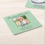 Women's Elegant Photo Tennis 50th Birthday Party Square Paper Coaster<br><div class="desc">Honor a remarkable milestone with this beautifully designed 50th birthday party coaster. The soft green background highlights a replaceable photo, allowing you to personalize it with ease. The elegant script headline, “The queen of the court" and "fifty, ” adds a charming and celebratory feel. Event details are clearly arranged below...</div>