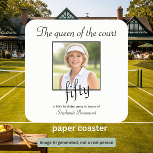 Women's Elegant Photo Tennis 50th Birthday Party Square Paper Coaster