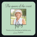 Women's Elegant Photo Tennis 50th Birthday Party Square Sticker<br><div class="desc">Honor a remarkable milestone with this beautifully designed 50th birthday party Thank you sticker. The soft green background highlights a replaceable photo, allowing you to personalize it with ease. The elegant script headline, “The queen of the court" and "fifty, ” adds a charming and celebratory feel. Event details are clearly...</div>