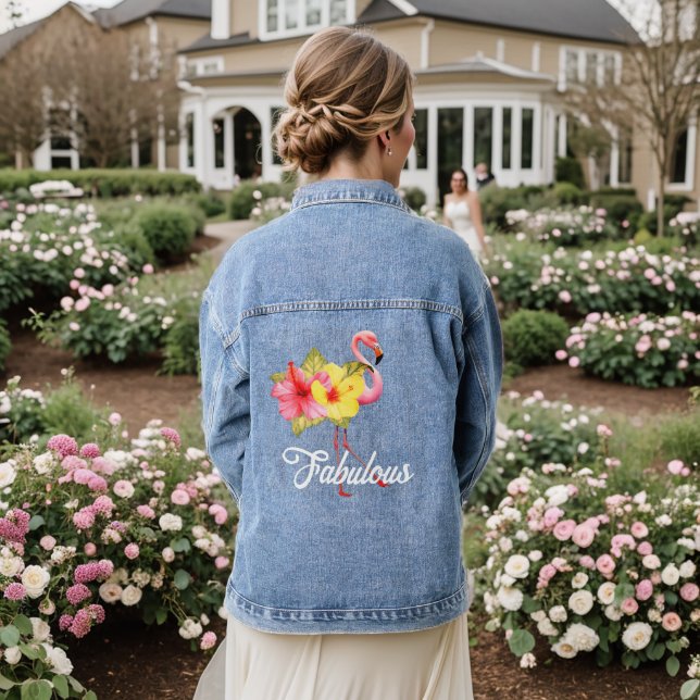 Womens Fabulous Flamingo Tropical Floral Pink  Denim Jacket (Wedding Back)