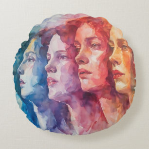 Women's Faces - Watercolor Painting Round Pillow