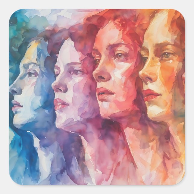 Women's Faces - Watercolor Painting Square Sticker (Front)