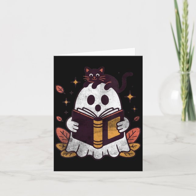 Womens Fall Autumn Book Ghost Reading Halloween Card (Front)