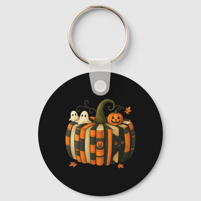 Womens Fall Book Pumpkin With Black Cat Reading Keychain (Front)