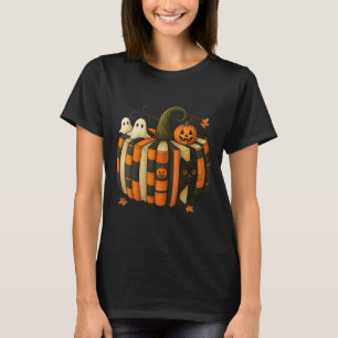 Womens Fall Book Pumpkin With Black Cat Reading T-Shirt