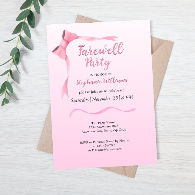 women's farewell elegant pink bow party invitation (Creator Uploaded)