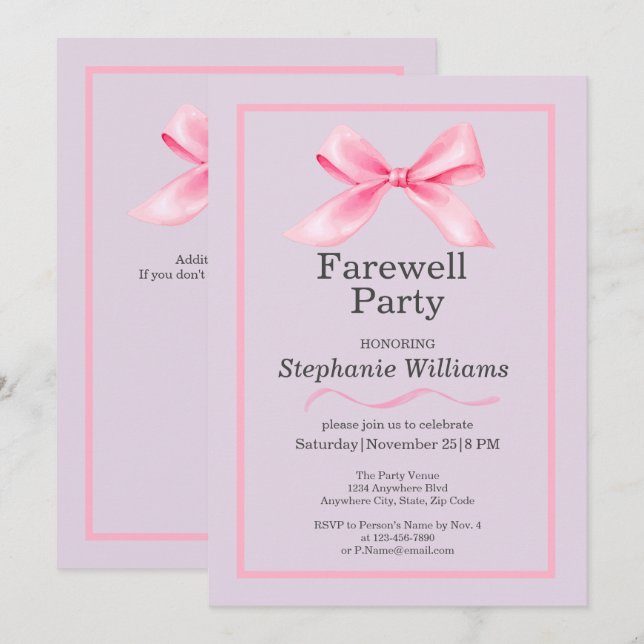 Women's Farewell Party Modern Elegant Pink Bow  Invitation (Front/Back)