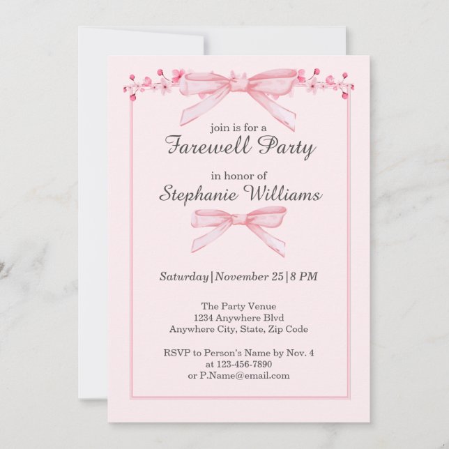 Women's Farewell Pink Bow Flowers Border Party Invitation (Front)