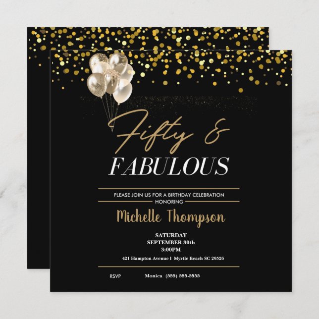 Women's Fifty and Fabulous Gold Birthday   Invitat Invitation (Front/Back)
