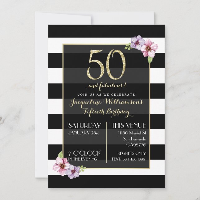 Women's Fifty & Fabulous | Modern Floral Stripes Invitation (Front)