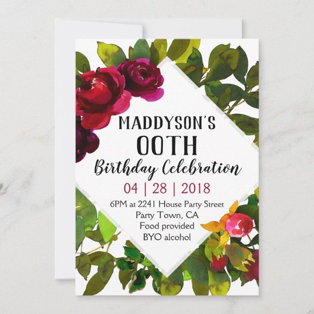 Women's Floral 80th 90th 91st 92nd 95th 98th 99th Invitation (Front)