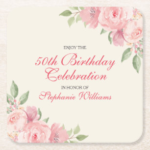 Women's Floral Elegant Rose 50th Birthday Party Square Paper Coaster