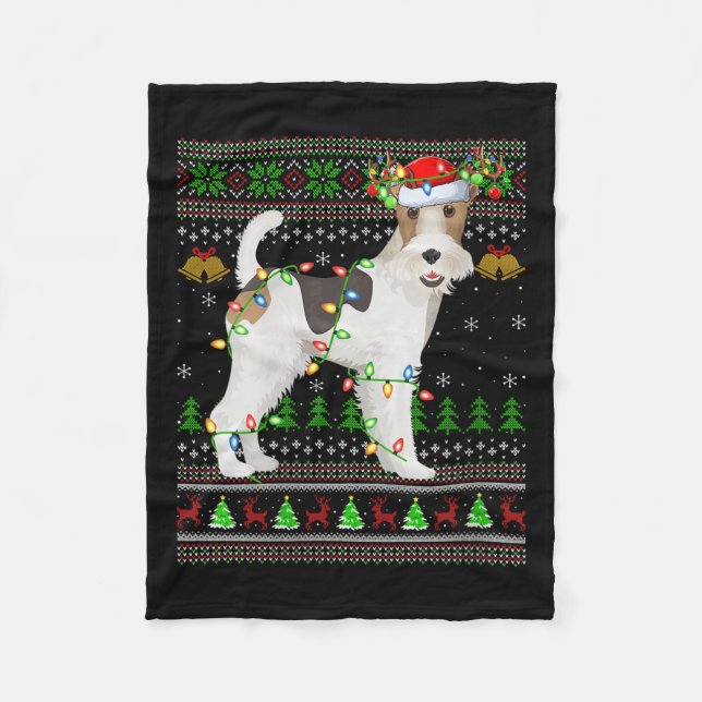 Womens Fox Terrier Dog Ugly Christmas Sweaters Hol Fleece Blanket (Front)