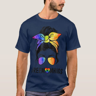 Womens Free Mom Hugs Messy Bun LGBT Pride Rainbow  T-Shirt