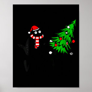 Womens Funny Black Cat Gift Pushing Christmas Tree Poster