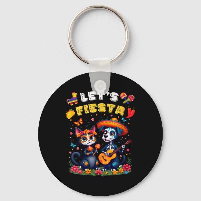Womens Funny Cat And Dog Sugar Skull Lets Fiesta Keychain (Front)