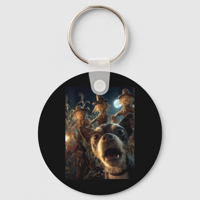 Womens Funny Chihuahua Selfie With Scarecrows Keychain (Front)