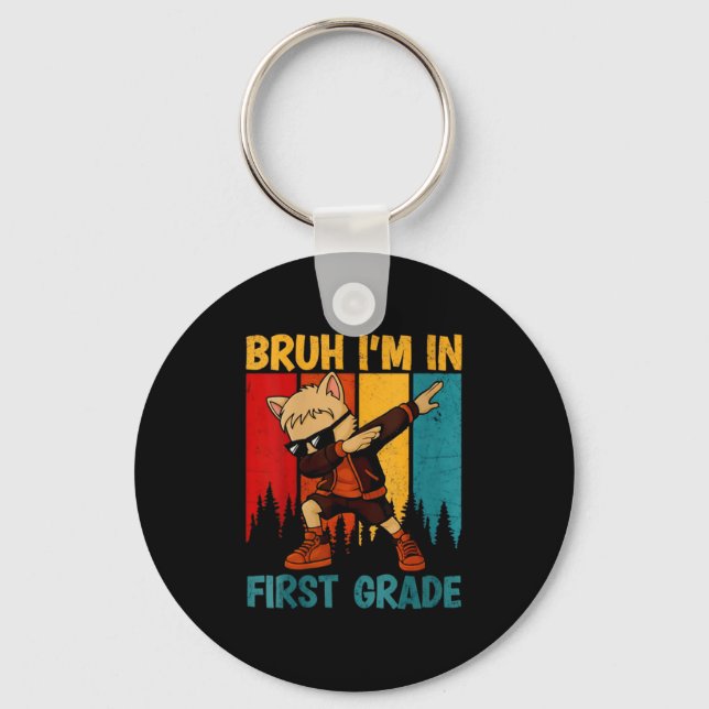 Womens Funny Dabbing Cat Bruh I'm In First Grade S Keychain (Front)
